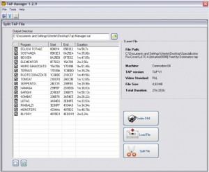 Aperto il TapManager, impostiamo la directory di output e carichiamo un file multitap. Vedremo i vari titoli dei giochi contenuti. Selezioniamo tutto e click su index D64
